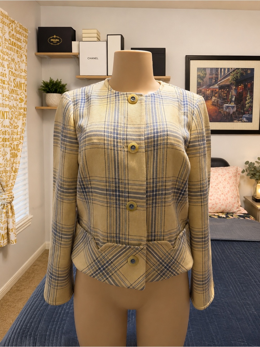 Brooks Brothers Beige and Blue Plaid Button Jacket